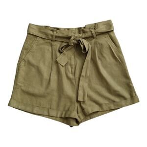 FOREVER 21 Womens Size Medium Green Linen Blend High Rise Cuffed Paperbag Shorts